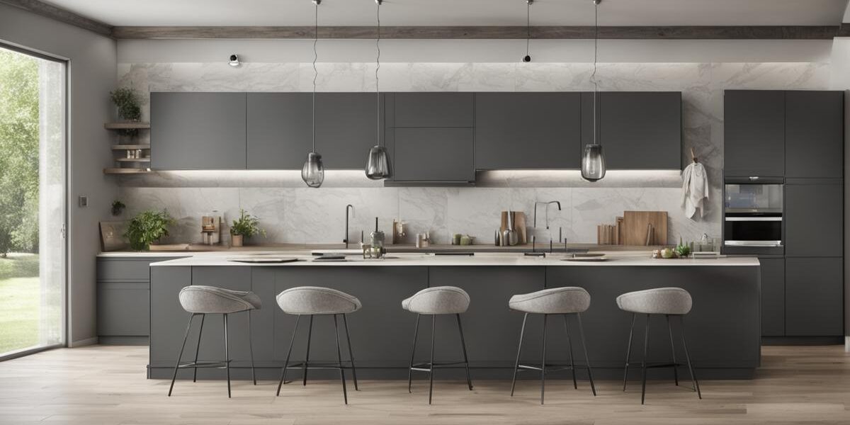 Kuchnia grafitowa z drewnem - nowoczesny design w stylu biel i drewno