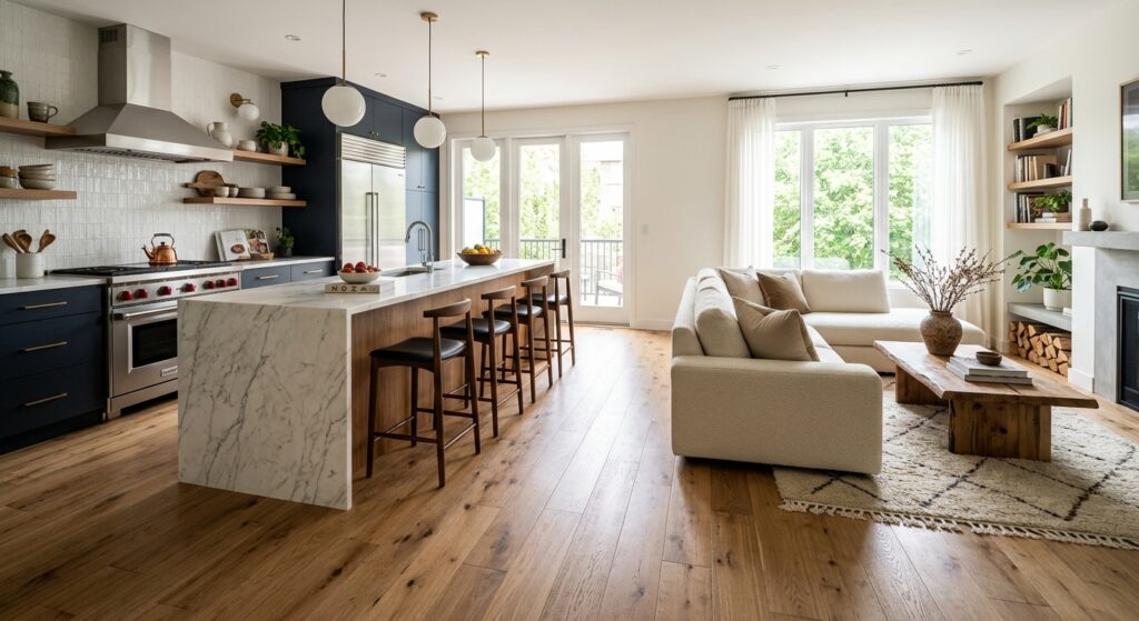 A modern, open-plan kitchen merging seamlessly into a cozy living area, featuring high-end flooring