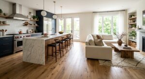 A modern, open-plan kitchen merging seamlessly into a cozy living area, featuring high-end flooring