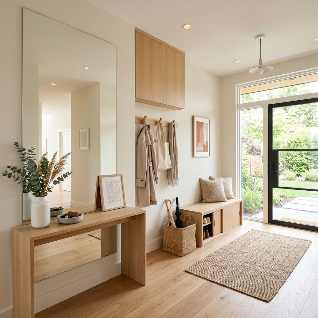 A bright, modern square entryway featuring a large frameless mirror, light color palette, and clever