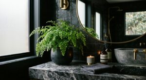 A high-end editorial photograph of a lush, vibrant green fern placed on a modern bathroom vanity, ca