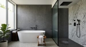 A high-end, editorial-style interior design shot showing a split composition featuring a sleek moder