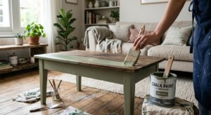 A high-end, editorial-style photograph of a hand painting a vintage wooden coffee table with chalk p