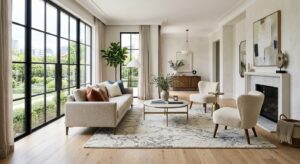 A high-end, editorial-style interior design photograph showcasing a pristine, modern living space wi