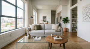 A contemporary, light-filled studio apartment interior featuring a minimalist living area with a cho