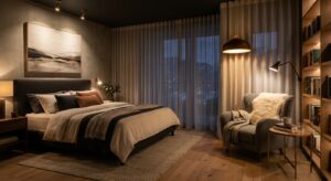 A professional, high-end interior photography shot of a modern, cozy bedroom featuring subtle accent