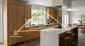 A professional, editorial-style photograph of a modern, minimalist kitchen interior showcasing an ef