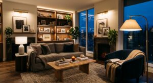 A sophisticated, editorial-style photograph of a cozy modern living room at twilight, featuring laye