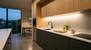 A high-end, professional architectural photograph of a modern, minimal kitchen interior with bright,