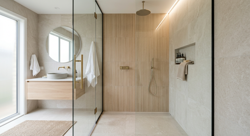 A bright, modern bathroom featuring a sleek, minimalist walk-in shower with a glass panel, finished