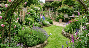 A professional, editorial-style photograph of a lush, well-maintained home garden with vibrant flowe