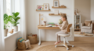 A bright, minimalist child's study corner featuring an ergonomic height-adjustable desk and chair in