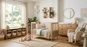 A stylish, professional editorial shot of a modern, bright nursery featuring versatile, minimalist m