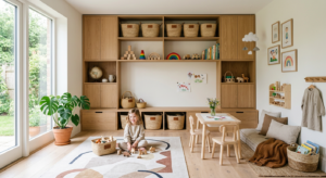 A minimalist and stylish children's playroom featuring clever, aesthetic storage solutions like wove