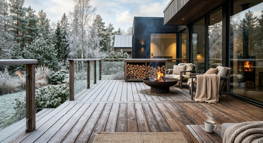 A high-end, editorial-style photograph of a modern wooden terrace covered in a light dusting of fros