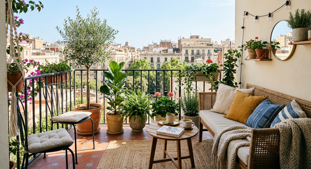 A stylish, sunlit balcony transformation featuring cozy seating, fresh potted plants, and modern dec