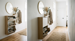 A high-end editorial photograph of a minimalist, narrow entryway featuring a sleek, space-saving ver
