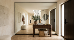 A stylish, modern entryway featuring a floor-to-ceiling wall mirror that creates a bright and spacio