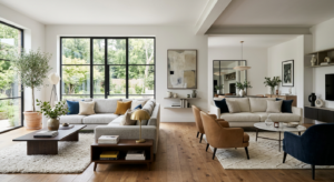 A bright, modern living room interior featuring an elegant L-shaped sectional sofa on one side and a