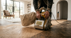 A close-up, professional editorial shot of a skilled craftsman&rsquo;s hands using a professional floor sa