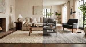 A high-end editorial interior design shot featuring a stylish, cozy living room with a split composi