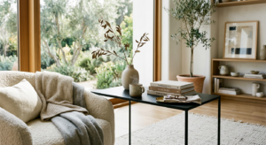 A high-end editorial photograph of a sleek, modern side table styled in a minimalist, sunlit living