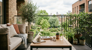 A high-end editorial shot of a stylish, weather-resistant coffee table placed on a modern, cozy apar