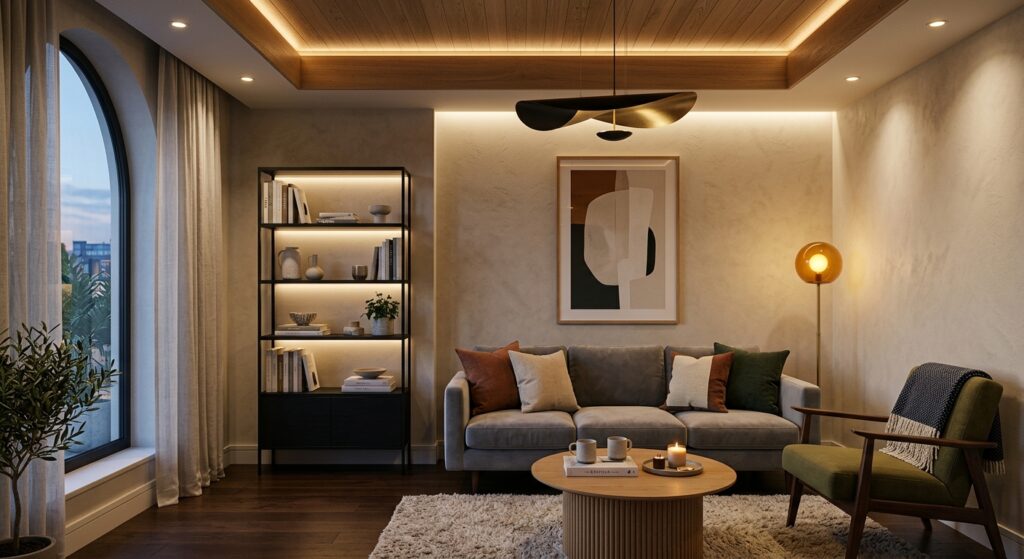 A stylish, modern small living room interior with layered architectural lighting, captured in a high