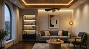 A stylish, modern small living room interior with layered architectural lighting, captured in a high