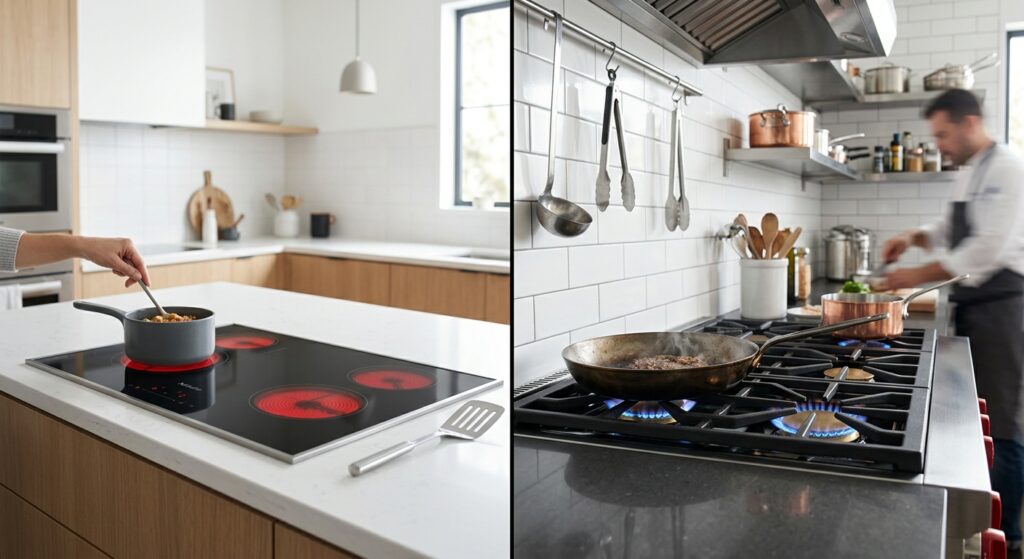 A modern, split-screen split-focus editorial composition showcasing a sleek minimalist induction coo