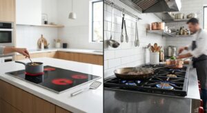 A modern, split-screen split-focus editorial composition showcasing a sleek minimalist induction coo